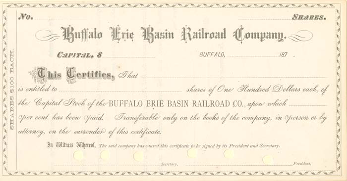 Buffalo Erie Basin Railroad Co. - Stock Certificate